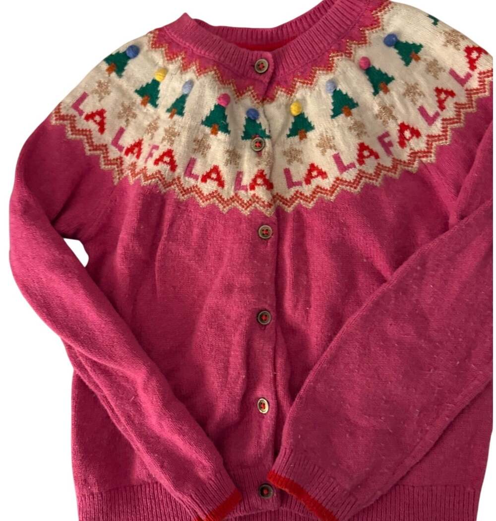 Mini Boden pink LaLa christmas cardigan sweater size 7/8
